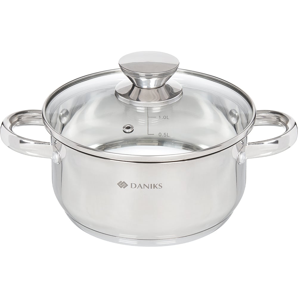 Изображение товара Кастрюля DANIKS 2.2 л из нержавеющей стали с стеклянной крышкой для индукции и других плит