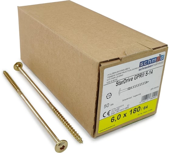 Изображение товара Шурупы Simpson Schmid StarDrive GPR 6.0x180/64 TK TX30 жёлтый цинк, тарелка, 50 шт. 5833740601800001