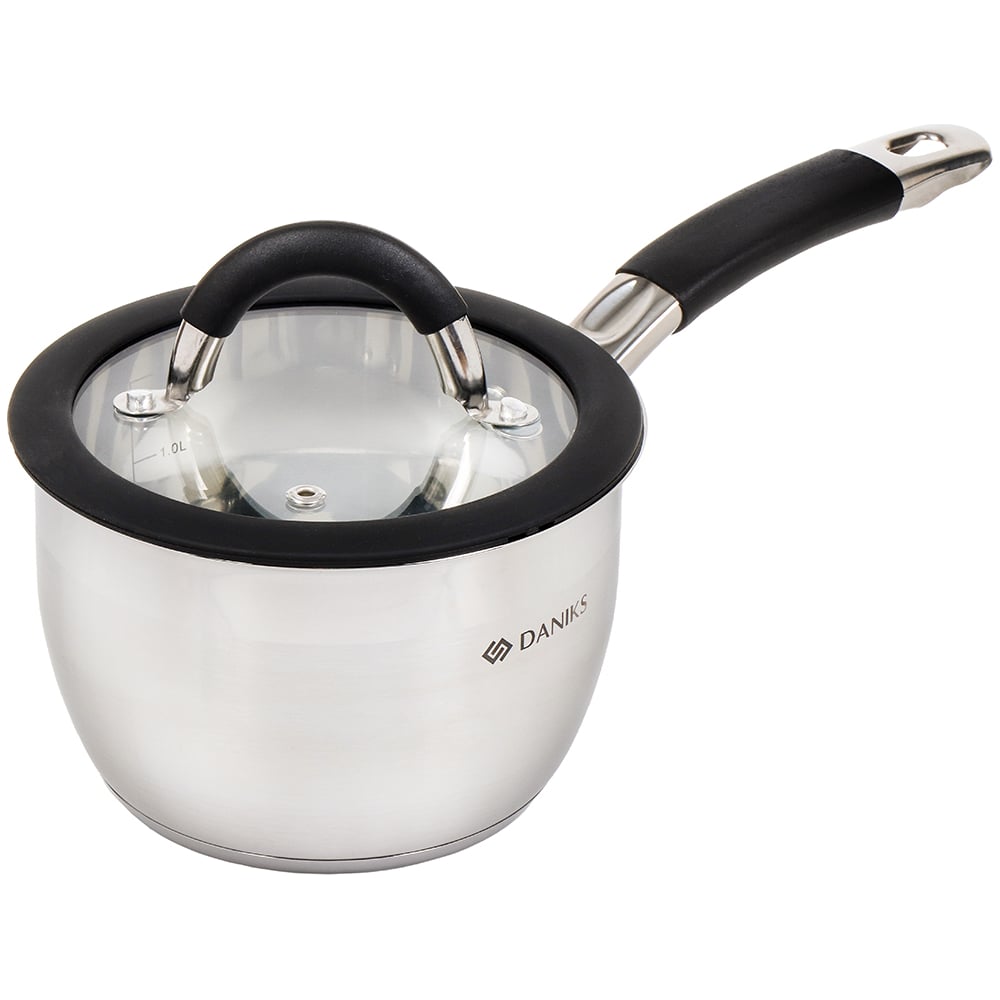 Изображение товара Ковш DANIKS 1.9 л из нержавеющей стали с крышкой и силиконовой ручкой