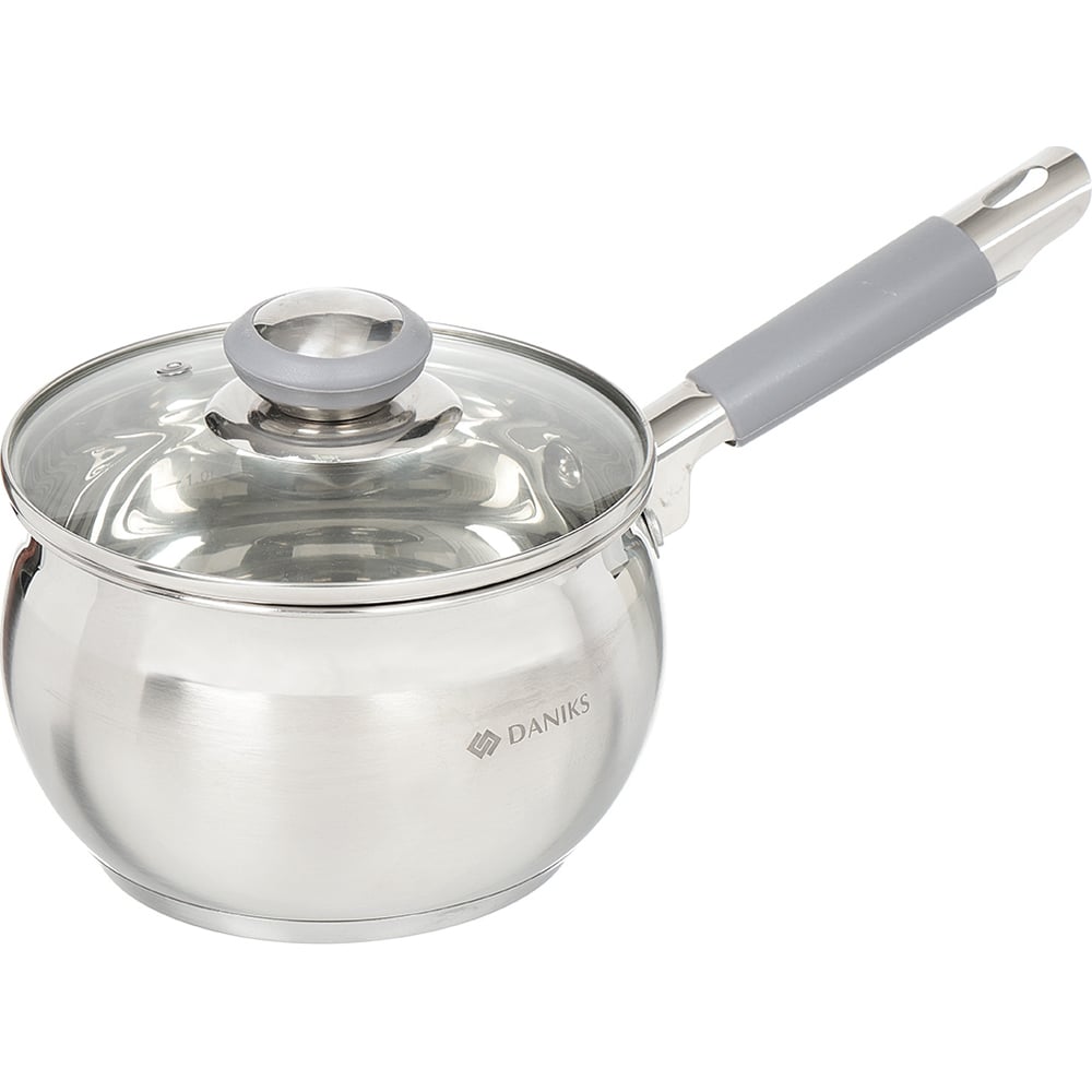 Изображение товара Ковш DANIKS 2 л, нержавеющая сталь, крышка стекло, ручка силикон, индукция, модерн серый, sd-16sn 294424