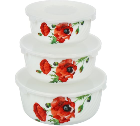 Изображение товара Салатник DANIKS стеклокерамика, круглый, 3 шт, 14, 16, 19 см, 0.5, 0.8, 1.4 л, с крышкой, алый мак 448963