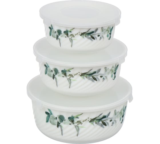 Изображение товара Салатник DANIKS стеклокерамика, круглый, 3 шт., 14, 16, 19 см, 0.5, 0.8, 1.4 л, с крышкой, эвкалипт 448973