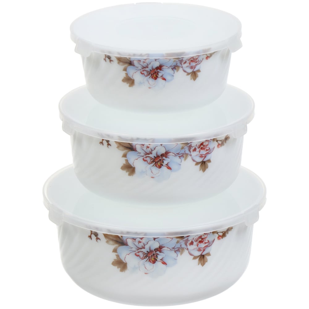 Изображение товара Набор салатников стеклокерамика DANIKS 3 шт с крышками диаметр 14 16 19 см белый дизайн цветы