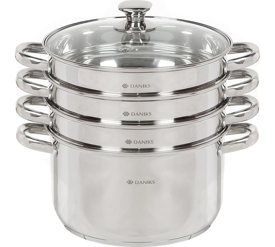 Изображение товара Мантоварка DANIKS нержавеющая сталь, 26 см, 7 л, 4 секции, крышка стекло, индукция, ручки металл, глянец, sd-s26-4 342653