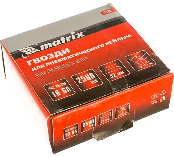 Изображение товара Гвозди для пневматического нейлера (16GA, сечение 1,6х1,4, длина 32 мм, 2500 шт.) MATRIX 57605