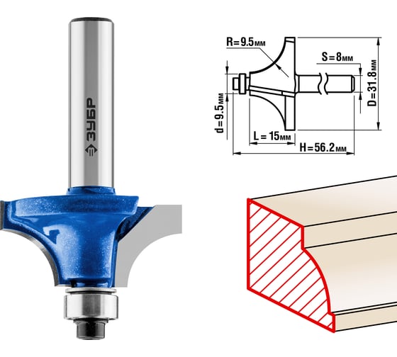 Изображение товара Кромочная калевочная фреза ЗУБР Профессионал №1, 31.8x15 мм, радиус 9.5 мм 28700-31.8