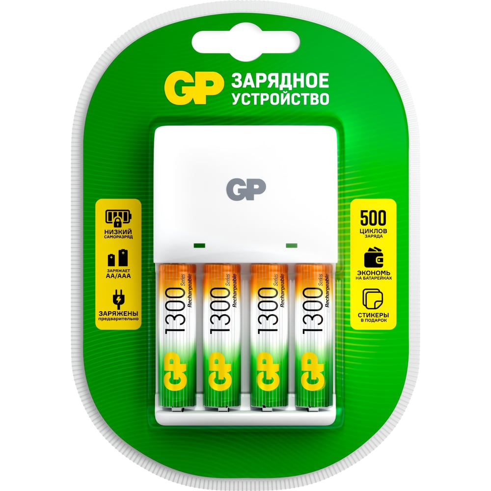 Изображение товара Комплект зарядного устройства kb01 и 4 аккумуляторов AA 1300 мАч GP 650