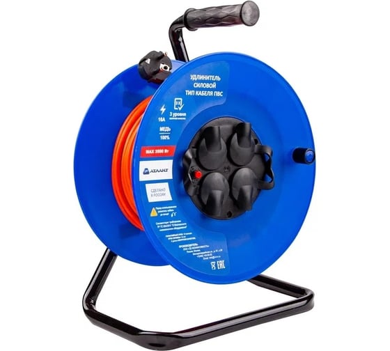 Изображение товара Удлинитель на катушке АТЛАНТ ПВС 3500 Вт 30м IP44, с термозащитой (с заземлением) 80102