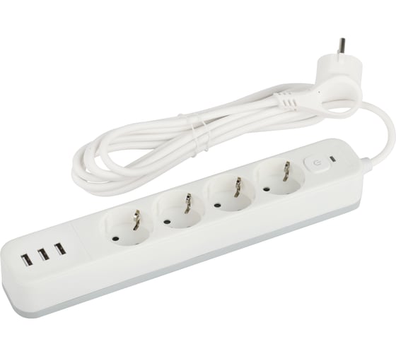 Изображение товара Сетевой фильтр ЭРА USF4es1,5m3xUSBAW с базовой защитой, с заземлением, с выключателем, 4 розетки, 3xUSBA Б0059567