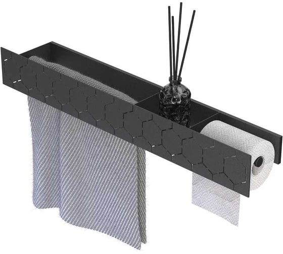 Изображение товара Полка Граф Держалкин Bee trio 70x13x9 см, с держателем туалетной бумаги и полотенцедержателем, черная Fl-bee-trio70-ppt-ч