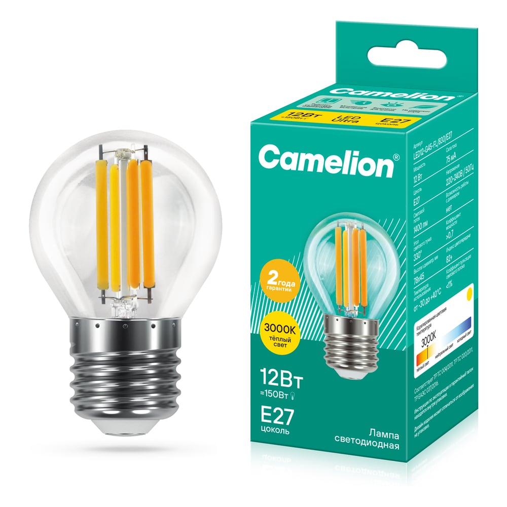 Изображение товара Светодиодная лампа Camelion LED12-G45-FL/830/E27 12Вт 220В 13714 Изображение товара Светодиодная лампа Camelion LED12-G45-FL/830/E27 12Вт 220В 13714