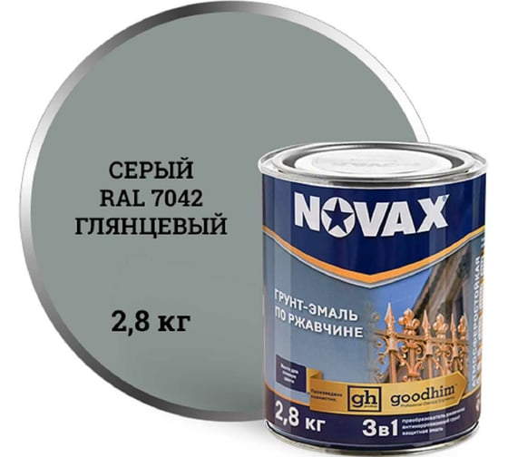 Изображение товара Грунт-эмаль Goodhim NOVAX 3в1 novax серый RAL 7042 глянцевая, 2,8 кг 10878