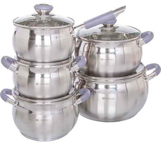 Изображение товара Набор посуды DANIKS нержавеющая сталь, 10 предметов, кастрюли 1.9, 2.9, 3.9, 6.5 л, ковш 1.9 л, индукция, модерн серый, sd-1 324521