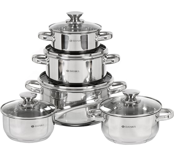 Изображение товара Набор посуды DANIKS нержавеющая сталь, 10 предметов, кастрюли 1.6, 2.2, 3.1, 5.4 л, ковш 1.6 л, индукция, оптима 402498