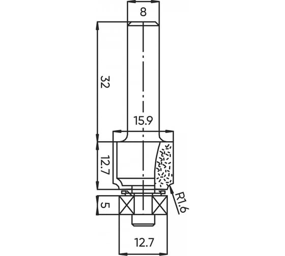 Изображение товара Фреза внутренний радиус (нижн. подш.) Z=2, R=1.6 мм, 15.9x12.7x46 мм, s=8 мм Deltatools 06-5310