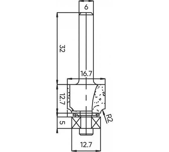 Изображение товара Фреза внутренний радиус (нижн. подш.) Z=2, R=2 мм, 16.7x12.7x56 мм, s=6 мм Deltatools 06-5307