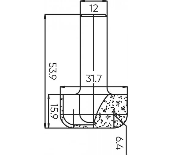 Изображение товара Фреза для желобов и чаш R=6.4 мм, 31.7x15.9x53.9 мм, s=12 мм Deltatools 06-5305