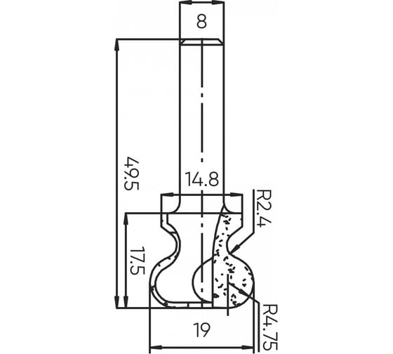 Изображение товара Фреза профильная (ручка) Z=2, R=2.4 мм, R1=4.75 мм, 19x17.5x49.5 мм, s=8 мм Deltatools 06-5389