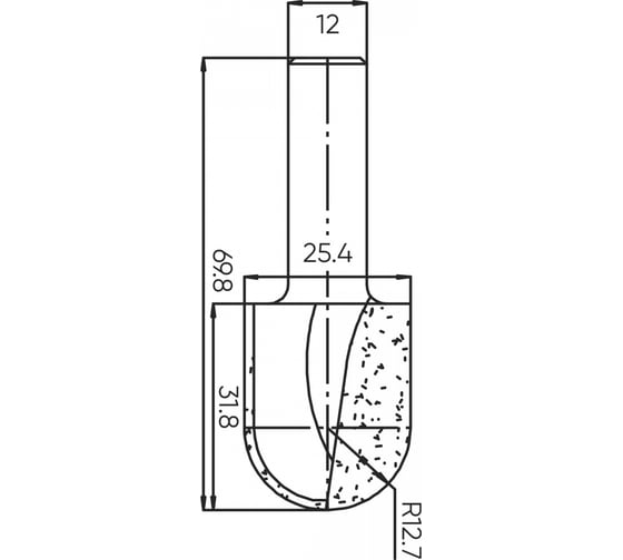 Изображение товара Фреза пазовая круглый нос (пальчиковая) R=12.7 мм, 25.4x31.8x69.8 мм, s=12 мм Deltatools 06-5302
