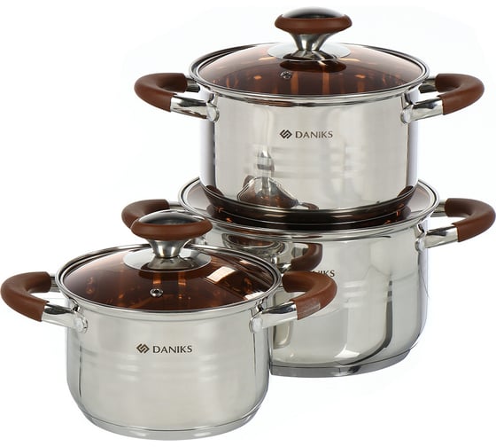 Изображение товара Набор посуды DANIKS нержавеющая сталь, 6 предметов, кастрюли 2, 2.8, 3.8 л, индукция, веллингтон, gs-01415-6se 434978