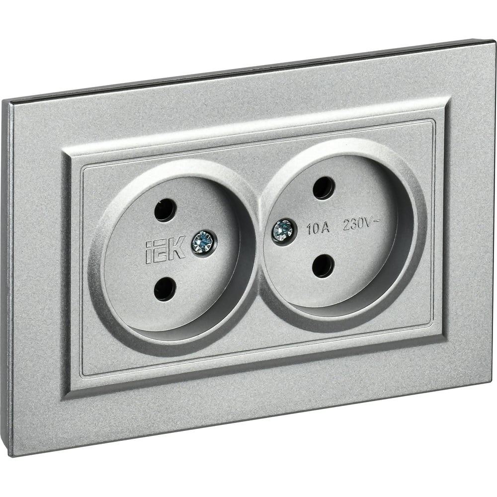 Изображение товара 2-я розетка IEK Brite без заземляющего контакта и шторок 10а в сборе рс12-2-бра алюм. BR-R20-10-K47-F Изображение товара 2-я розетка IEK Brite без заземляющего контакта и шторок 10а в сборе рс12-2-бра алюм. BR-R20-10-K47-F