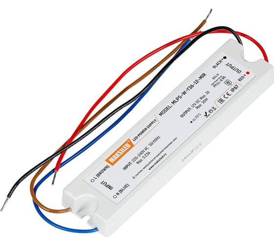 Изображение товара Блок питания для светодиодной ленты MAKSILED 12в, 36вт, ip67, 3a, 170x40x16.3мм, пластик, MLPS-W-Y36-12-MIR