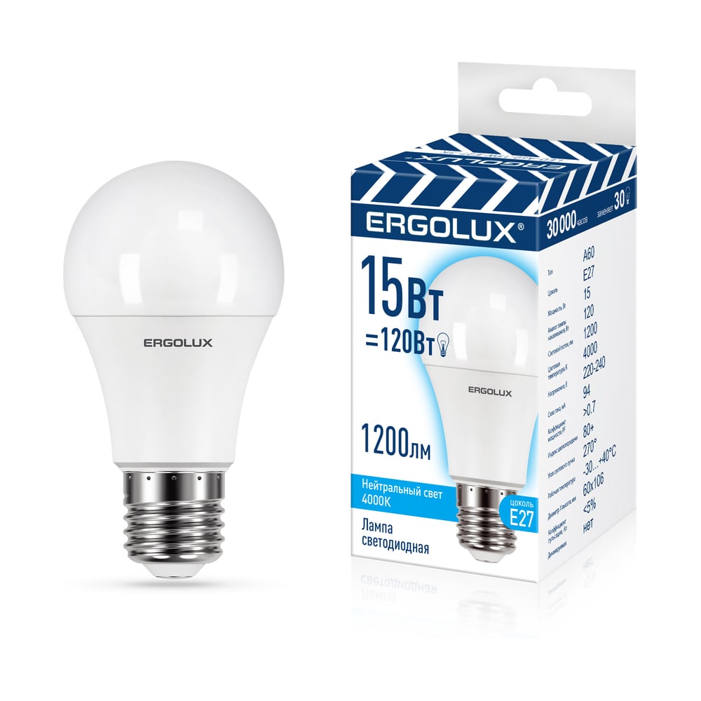 Изображение товара Светодиодная лампа Ergolux LED-A60-15W-E27-4K 4500K Изображение товара Светодиодная лампа Ergolux LED-A60-15W-E27-4K 4500K