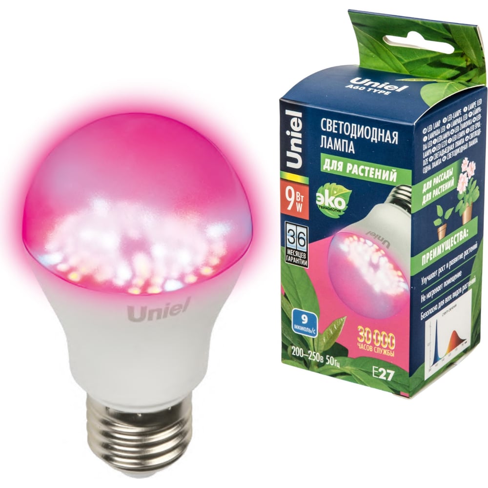 Изображение товара Светодиодная лампа для растений Uniel 9W E27 А60 для аквариумов