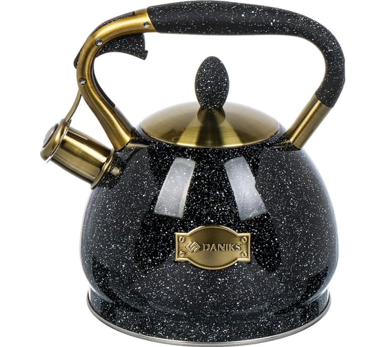 Изображение товара Чайник DANIKS нержавеющая сталь, 3 л, свисток, матовый, ручка с покрытием, нейлон, индукция, черный, gs-04517g 446895