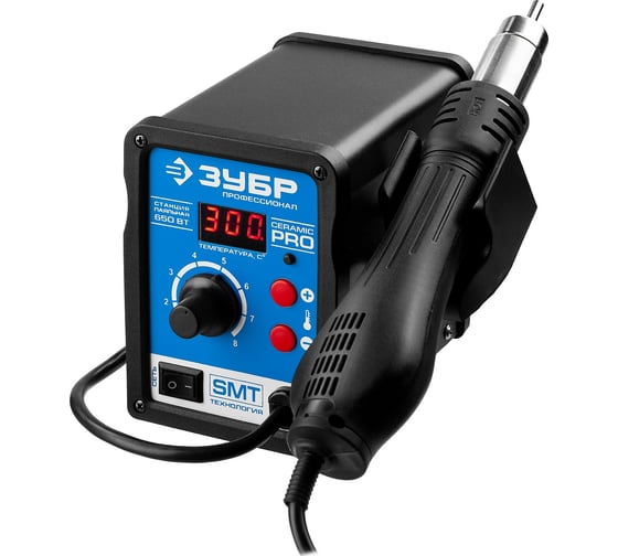 Изображение товара Термовоздушная цифровая паяльная станция ЗУБР 100-500C, шаг 1C, 120л/мин, 650Вт, 3 насадки 55350