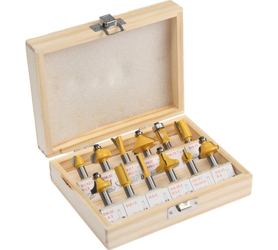 Изображение товара Набор фрез по дереву деревянный ящик, хвостовик 8 мм, 12 шт ТУНДРА 7379161