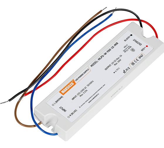 Изображение товара Блок питания для светодиодной ленты MAKSILED 12в, 60вт, ip67, 5a, 170x50x16.3мм, пластик, MLPS-W-Y60-12-MIR