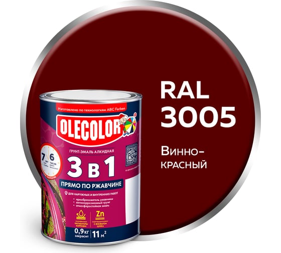 Изображение товара Грунт-эмаль по ржавчине Olecolor 3 в 1 винно-красный 3005 (0.9 кг) 4300013119