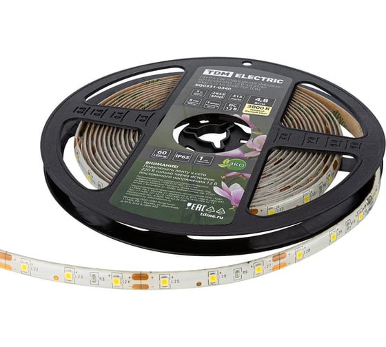 Изображение товара Светодиодная лента TDM ELECTRIC SMD2835-60 LED/м-IP65-12 В-4,8 Вт/м-3000 К (5 м) блистер SQ0331-0340