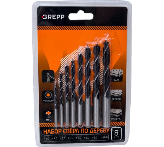 Изображение товара Набор сверл по дереву 8 шт, 3-10 мм Grepp 302-00003