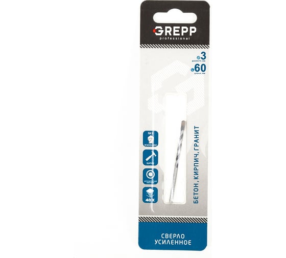 Изображение товара Сверло по кирпичу, бетону и камню закаленное, шлифованное 3х60 мм Grepp 101-0360