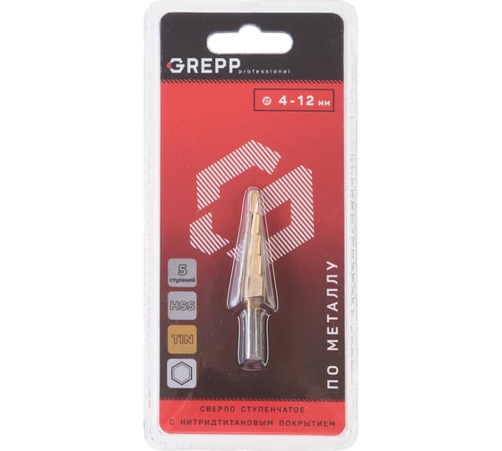 Изображение товара Сверло ступенчатое ТИТАН 4-12/5 шагов: 4,6,8,10,12 мм, cталь НSS-TIN Grepp 206-0001