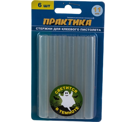 Изображение товара Клей белый светящийся в темноте (6 шт; 11х100 мм) для клеевого пистолета ПРАКТИКА 790-243