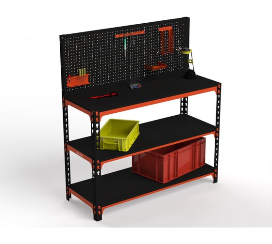 Изображение товара Стол-верстак ООО Металекс 950x1000x400 мм, две полки + перфопанель с комплектом аксессуаров оранжево-чёрный 111082