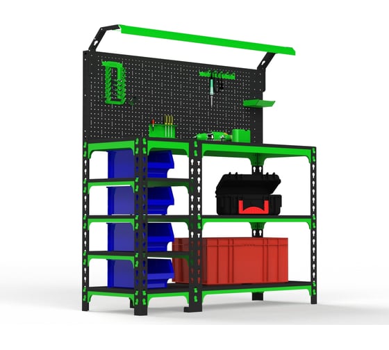 Изображение товара Верстак ООО Металекс серия SUN 950x1600x400 мм, с боковыми полками, перфопанелью и комп. освещения 111205