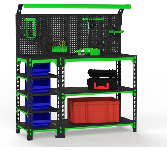 Изображение товара Верстак ООО Металекс серия SUN 950x1800x500 мм, с боковыми полками, перфопанелью и комп. освещения 111216