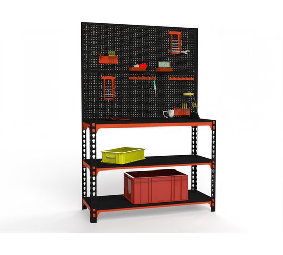 Изображение товара Стол-верстак ООО Металекс 950x1300x400 мм, две полки + двойная перфопанель с комплектом аксессуаров оранжево-чёрный 111139