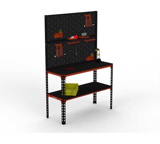 Изображение товара Стол-верстак ООО Металекс 950x1300x600 мм, одна полка + двойная перфопанель с комплектом аксессуаров оранжево-чёрный 111130