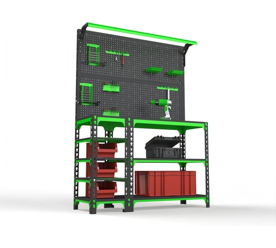 Изображение товара Верстак ООО Металекс серия SUN 950x1100x500 мм, с боковыми полками, 2-мя панелями и комплектом освещения 111236