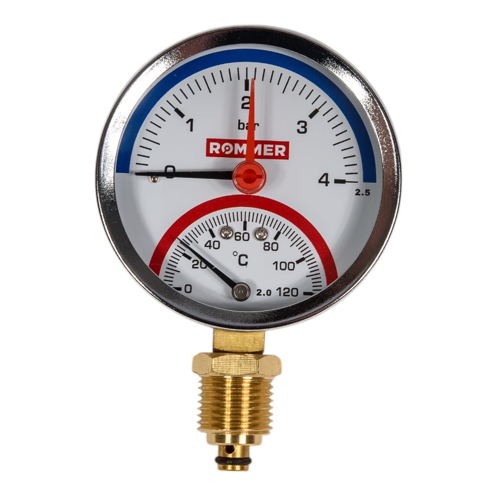 Изображение товара Термоманометр в комплекте с автоматическим запорным клапаном ROMMER радиальный, корпус dn 80 мм 1/2", 0...120c, 0-4 бар rim-0006-800415 RG00929SFHKMVA
