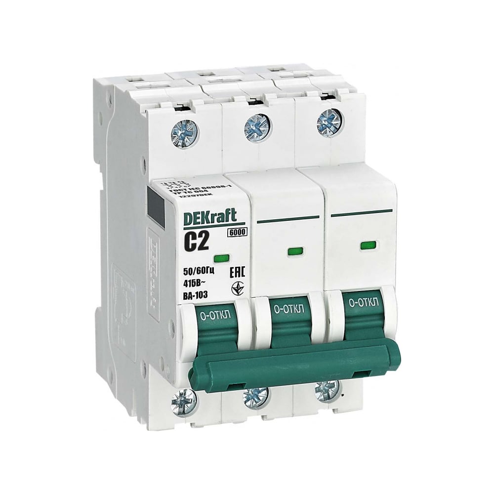 Изображение товара Автоматический выключатель DEKraft 3Р 2А ВА-103 C для защиты электросети