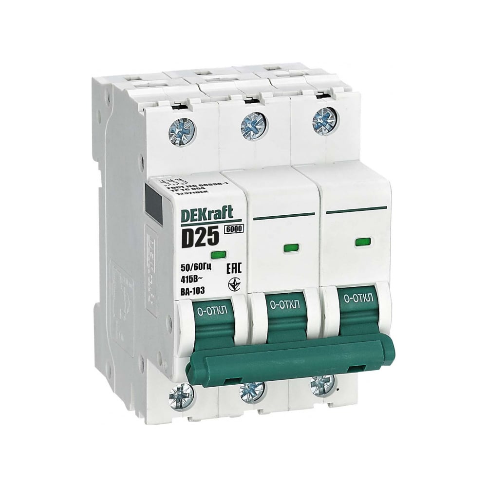 Изображение товара Автоматический выключатель DEKraft 3Р 25А х-ка D ВА-103 6кА для защиты электросетей