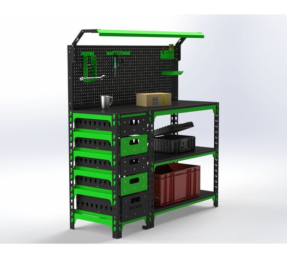 Изображение товара Верстак ООО Металекс серия SUN 950x1400x600 мм, с боковой тумбой, 1-ой панелью и комплектом освещения 111263
