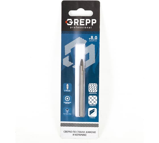 Изображение товара Сверло по кафелю и стеклу копьевидное 8 мм, 2 грани, цилиндрический хвостовик GREPP 401-0008