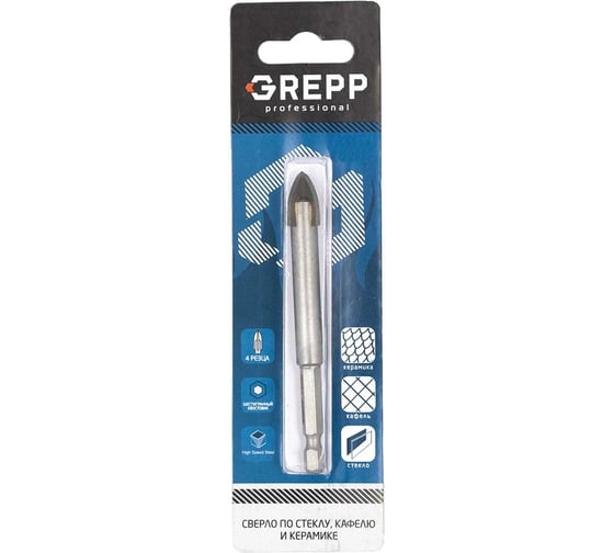 Изображение товара Сверло по кафелю и стеклу копьевидное 4 мм, 4 резца, шестигранный хвостовик GREPP 402-0004